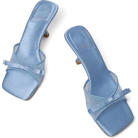 Women's Blue Round Toe Heels With Bow Vintage Mules Sexy Slip on Stiletto - Picture 5 of 9